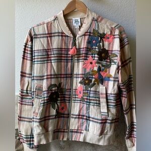 Ivy Jane Plaid Bomber Jacket with Floral Embroidery